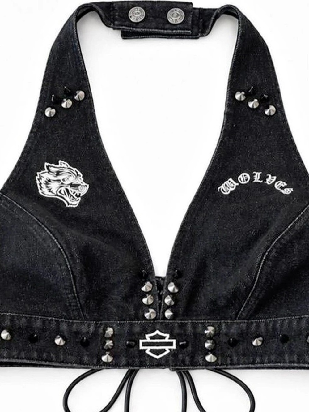DARC SPORT |CUSTOM| Harley Davidson| H-D Wolves Denim Halter Top |LRG| NWT